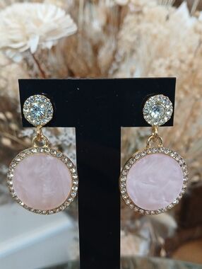 Gold-Tone Pink Faux Mother-of-Pearl Drop Earrings with Crystal Accents